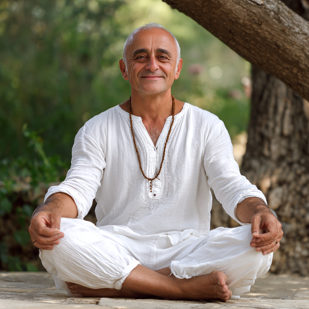 Gülen Türk kadın yoga pozisyonunda, huzurlu ifade, doğal ışık, gerçekçi fotoğraf